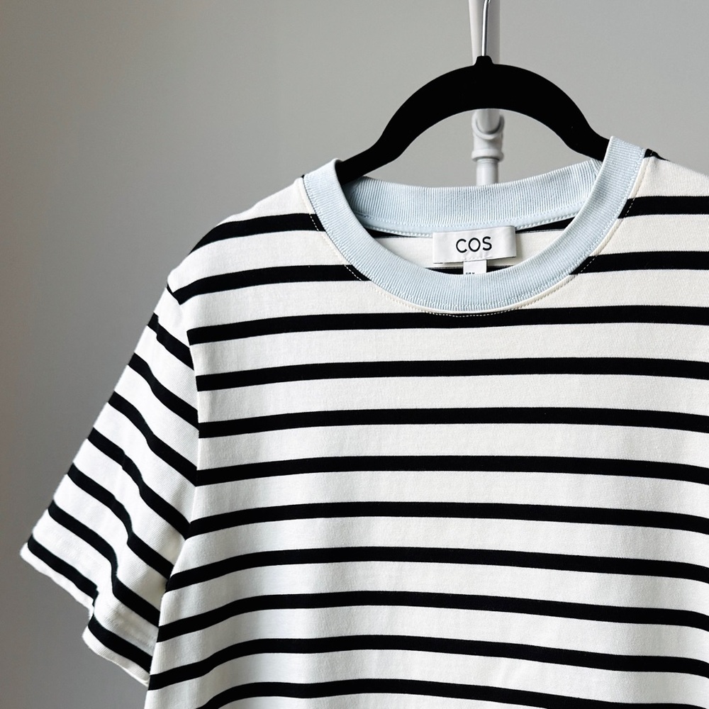 COS Cotton Black and White Striped Tee with Blue Collar